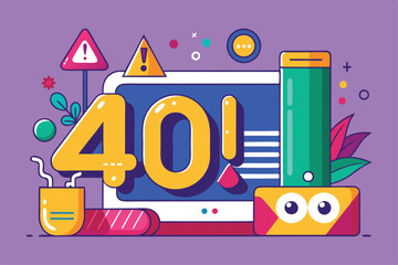A vibrant design showcases the number 40 with icons, plants, and abstract shapes, celebrating a milestone, 401 error unauthorized illustration