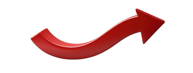 PNG vibrant red curved arrow pointing right, set isolated on transparent background, symbolizing direction or movement.