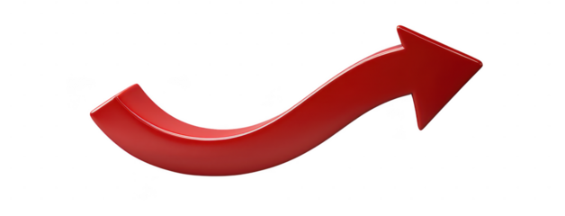 PNG vibrant red curved arrow pointing right, set isolated on transparent background, symbolizing direction or movement.