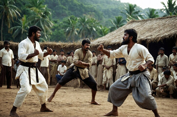 Obraz premium Traditional Tamil men engage in untrimmed beard martial arts practice in a rural village setting surrounded by palm trees. Generative AI