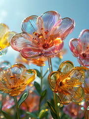 An art installation depicting a field of flowers made from recycled plastic bottles, showcasing the beauty of nature and the importance of sustainability
