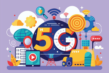 Naklejka premium The illustration showcases various elements of 5G internet technology, including signals and devices, 5g internet speed, flat illustration