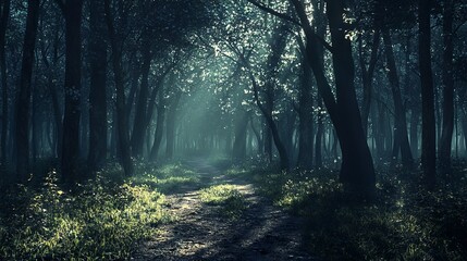Naklejka premium Shadow Dance: 3D Visualization of a Tranquil Dark Paradise in an Enchanted Forest