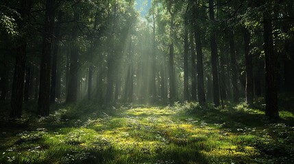 Obraz premium Enchanted Forest: Shadows and Light in a Tranquil Dark Paradise