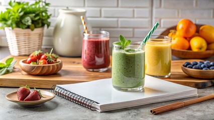 A healthy smoothie recipe book on a kitchen counter