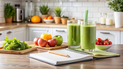 A healthy smoothie recipe book on a kitchen counter