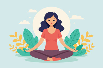 A serene girl sits in a lotus position, meditating peacefully amidst lush green leaves and soft clouds, A calm girl sitting in a lotus position, simple illustration.