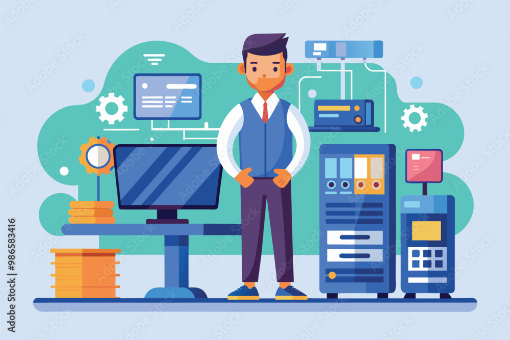 Poster a computer servicer stands with hands on hips before multiple pieces of equipment in a tech environm