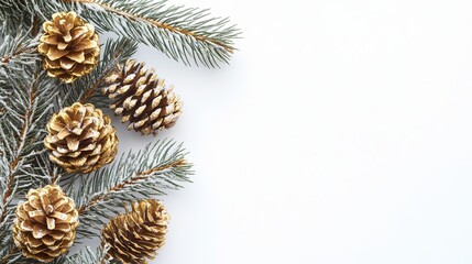 Christmas tree branch with golden pine cones isolated on a white background.