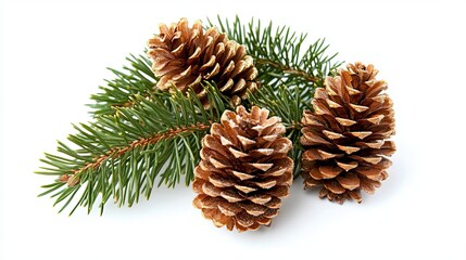 Christmas tree branch with golden pine cones isolated on a white background.