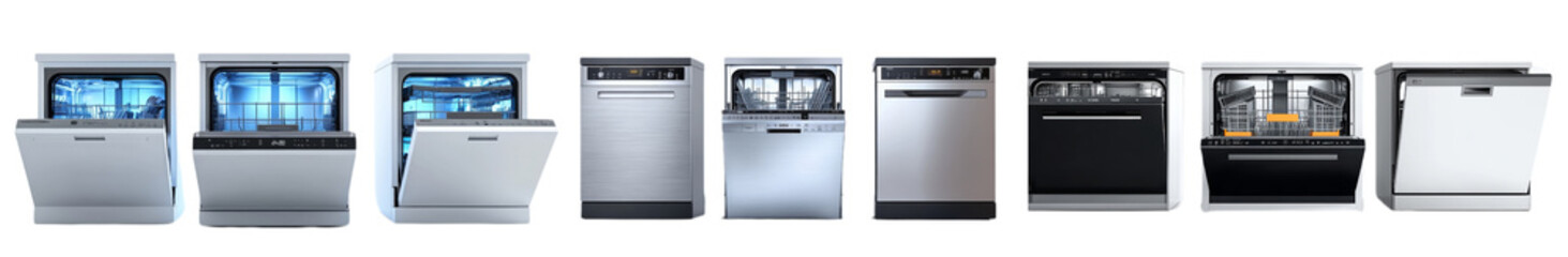 Fototapeta premium Modern dishwashers in various designs and finishes showcase sleek stainless steel and innovative features. These appliances enhance kitchen efficiency and style