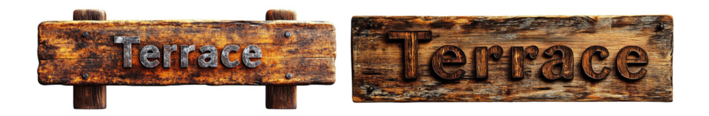 Rustic wooden signs displaying word Terrace in carved letters, showcasing weathered and natural aesthetic. These signs evoke sense of outdoor charm and tranquility