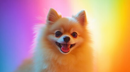Obraz premium A fluffy Pomeranian stands happily in front of a colorful rainbow, showcasing its bright fur and joyful expression under the warm sun, creating a delightful atmosphere