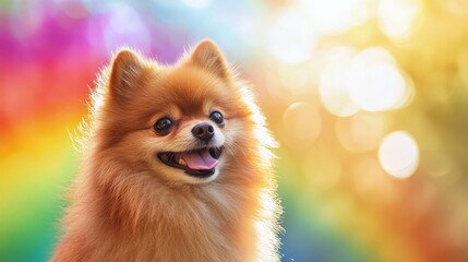 Obraz premium A fluffy Pomeranian dog smiles happily while standing in front of a bright rainbow, showcasing its playful spirit on a sunny afternoon