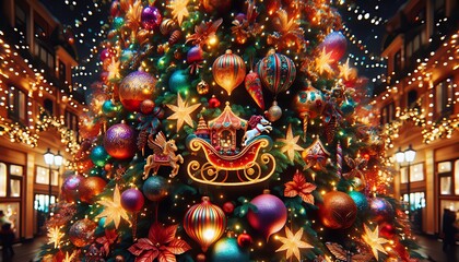 Fototapeta premium Gorgeous Christmas tree decorated with lights and ornaments, festive mood