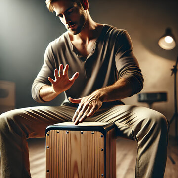 A man playing a cajon with great skill and mastery. He is seated on the cajon, tapping the surface with precision and rhythm, demonstrating his musical gift.