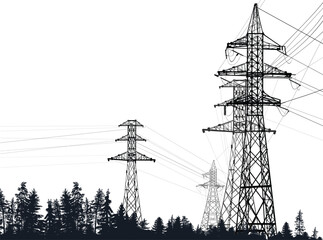 electric power high pylons in black forest isolated on white