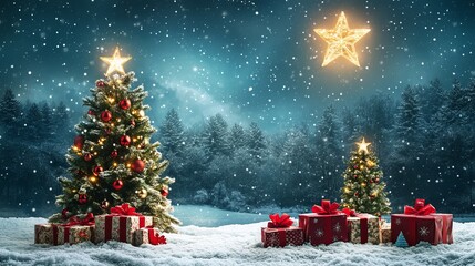 Obraz premium Christmas trees and gift boxes sit on a snowy field at night. A bright star and a forest are in the background, creating a wintery scene.