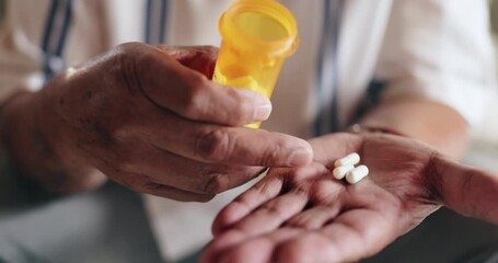 Tablets, hands and senior person with medication for treatment of parkinsons, tremors or sickness. Healthcare, illness and closeup of patient with pills medicine for healing in retirement home. - Powered by Adobe
