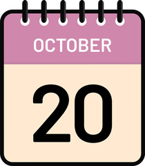 Calendar 20 October date icon with cute pastel colors