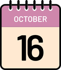 Calendar 16 October date icon with cute pastel colors