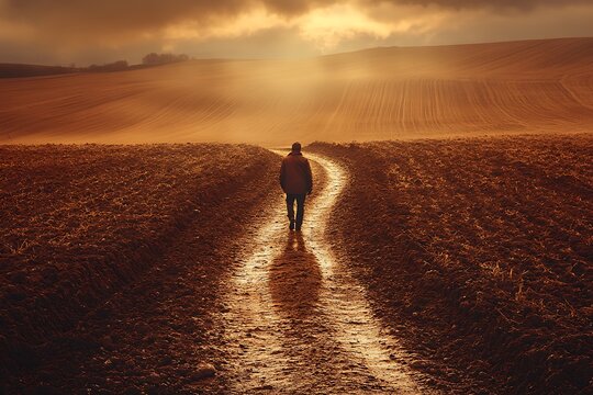 A man walks alone on a dirt road towards a dramatic sunset. - Powered by Adobe