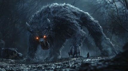 Obraz premium Enigmatic Dark Fantasy Beast in 3D - Mysterious Creature with Glowing Eyes Hunting in the Night