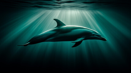 Fototapeta premium A dolphin swims gracefully under the ocean surface, illuminated by rays of sunlight breaking through the water. The teal tones and gentle beams of light create a serene and tranquil underwater scene.