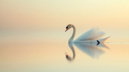 Fototapeta premium A single swan glides gracefully across a calm lake during sunset. Its reflection mirrors perfectly on the still water, and the soft gradient sky enhances the peaceful, serene atmosphere.
