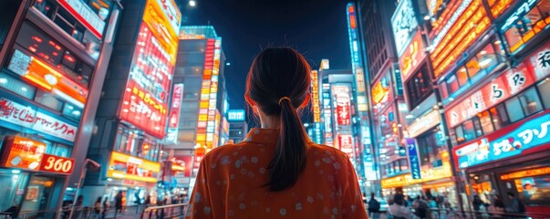 Fototapeta premium Woman in Traditional Kimono Admiring Vibrant Neon Lights in Bustling Tokyo Cityscape at Night