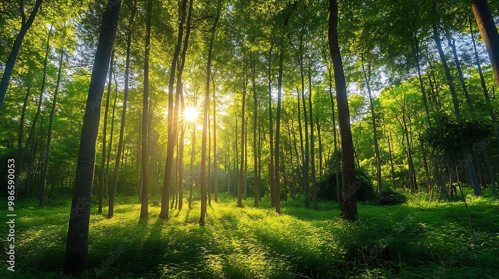 Poster sun shining through the trees in a lush green forest. nature background for your design projects.