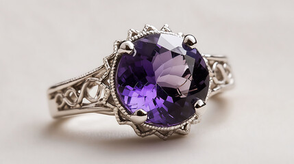 Beautiful amethyst ring featuring a large purple gemstone surrounded by delicate silver filigree...