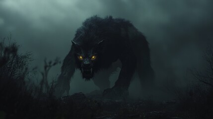 Sinister Beast Roaming in Dark Forest Fog - 3D Render of Terrifying Creature with Glowing Eyes and Dark Fur
