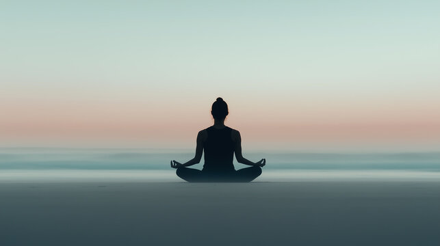Silhouette of a person in a seated meditation pose on a calm beach at dawn. The sky transitions from soft pink to blue hues, creating a peaceful and reflective atmosphere along the horizon.