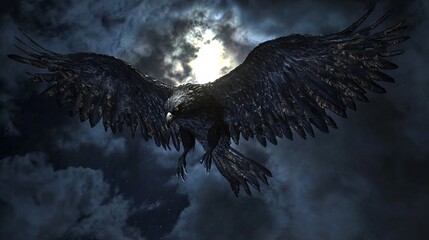 Fototapeta premium Midnight Flight of the Fearsome Harpy - Dark Fantasy 3D Render with Talons and Feathers Soaring Through Night Sky
