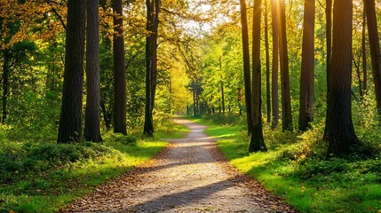 Obraz premium Sun rays illuminate a path through a lush green forest, creating a warm and inviting atmosphere.