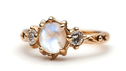 Charming moonstone and zircon ring with a translucent moonstone and a brilliant zircon in an intricate gold band
