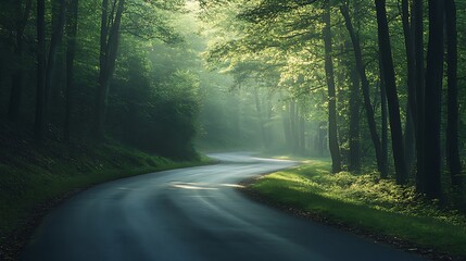 Obraz premium Sunbeams through trees on winding forest road