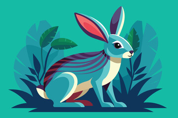 Obraz premium A stylish rabbit with bright colors rests in lush green foliage, showcasing a modern design aesthetic, A flat vector illustration of a modern rabbit.