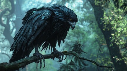 Fototapeta premium Dark Feathers - Sinister 3D Render of Fearsome Beast on Branch in Shadowy Forest
