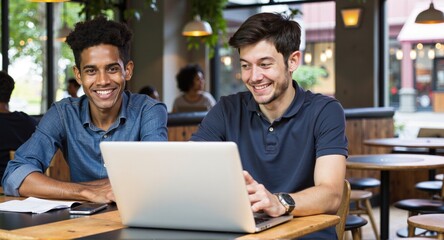 Two busy professional executive team business people working together smiling looking at computer at cafe meeting. Professional manager consulting corporate client using laptop,