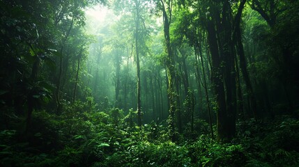 Obraz premium Dense forests filled with towering trees that thrive in tropical climates, where rainfall is abundant.