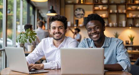 Two busy professional executive team business people working together smiling looking at computer at cafe meeting. Professional manager consulting corporate client using laptop,