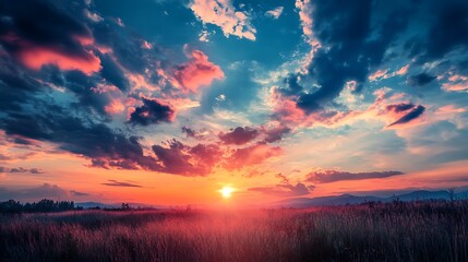 Obraz premium Vibrant Sunset Sky with Pink, Orange and Blue Clouds over a Grassy Field