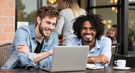 Two busy professional executive team business people working together smiling looking at computer at cafe meeting. Professional manager consulting corporate client using laptop,