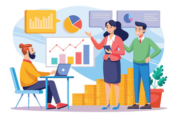 Obraz premium A man and woman are presenting company growth metrics using charts in a contemporary office environment, A man and woman present company growth in front of a room.