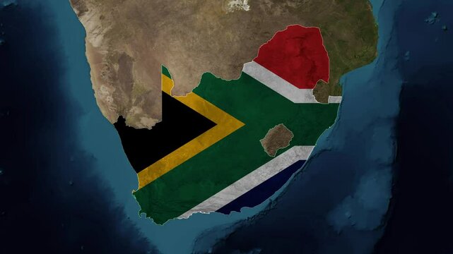 Zoom from Earth to South Africa. (Country Flag) World map animation with highlighted borders of countries. Images from NASA
