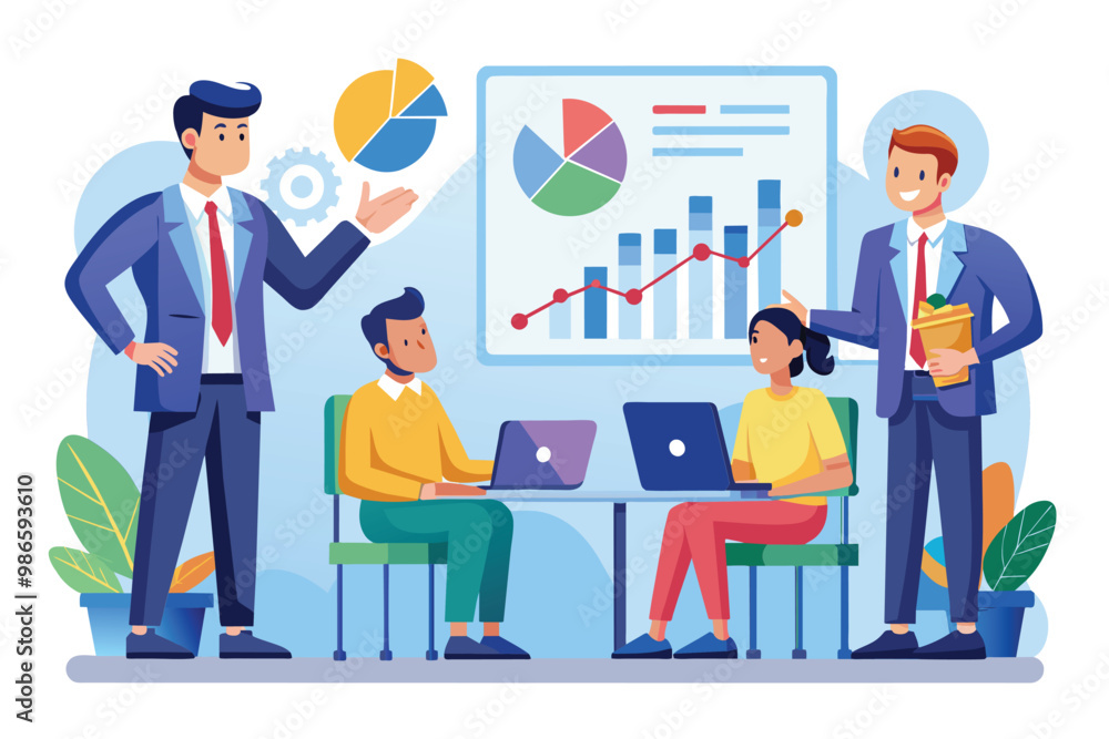 Poster a coach demonstrates statistical data on a graph while engaging with his team in an office environme