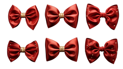 set of red bow with diagonaly ribbon on the corner for gift decor, isolated on white background.