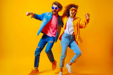 Full body photo of two people dancing at first season theme party wear cool specs and casual clothes isolated yellow color background